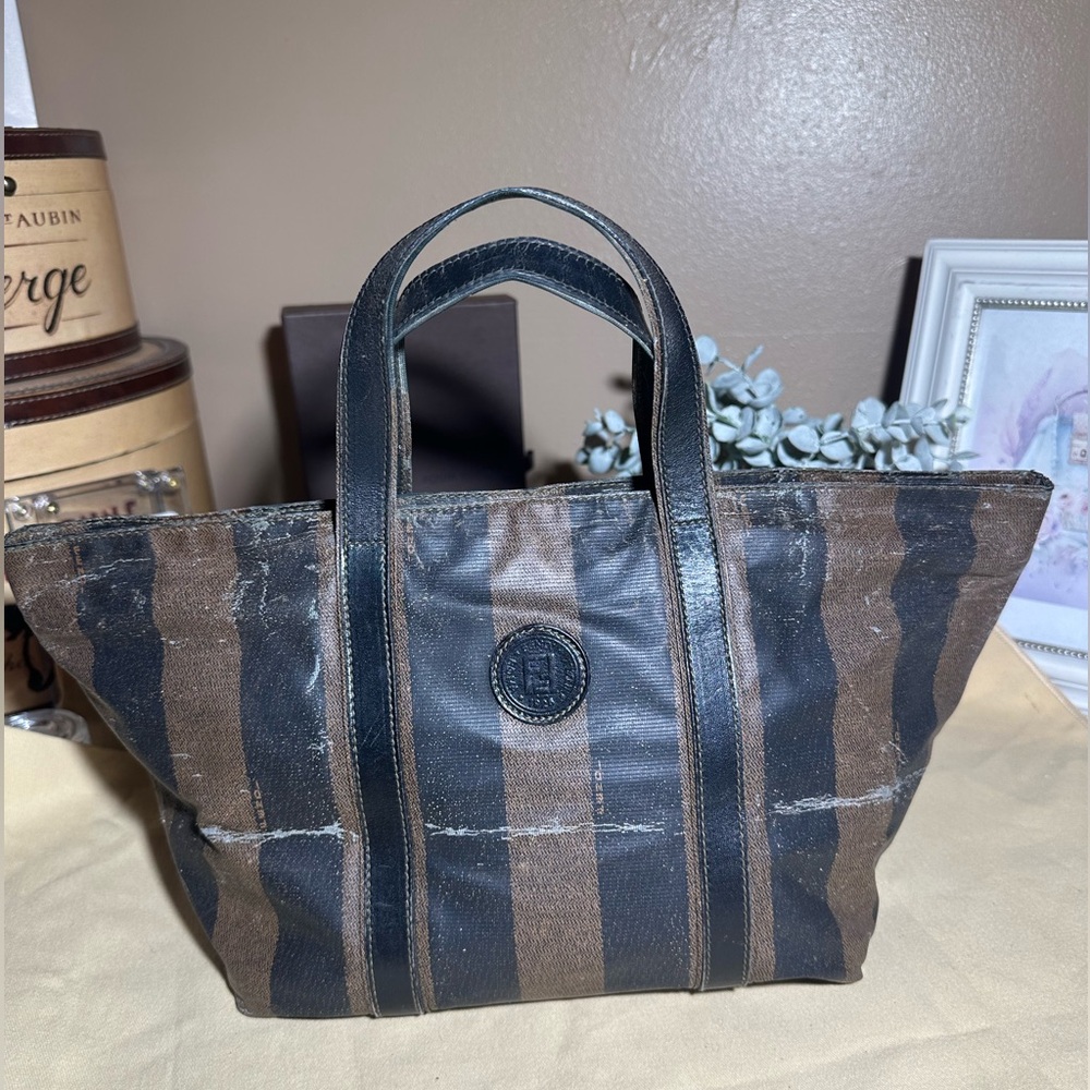 Fendi Brown and Black Striped Canvas Tote